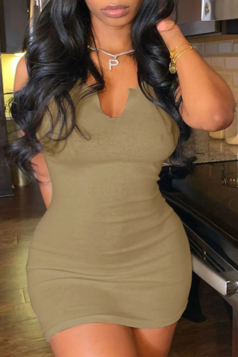 Brownness Sexy Solid Split Joint V Neck A Line Dresses