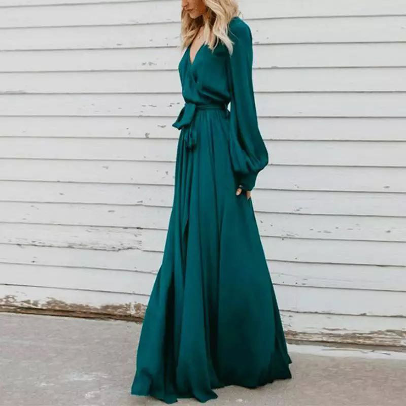 Mature Women's Temperament V-neck Long Sleeve Maxi Dress