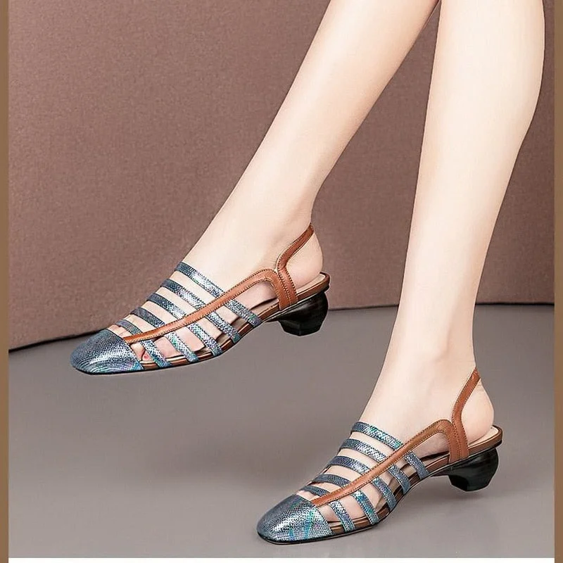 Square toe Sandals Woman 2021,Hollow Out Mixed Colors Spring Shoes,Summer Mid Heels,Korea Style Footwear,GOLD,BLUE,Dropshipping