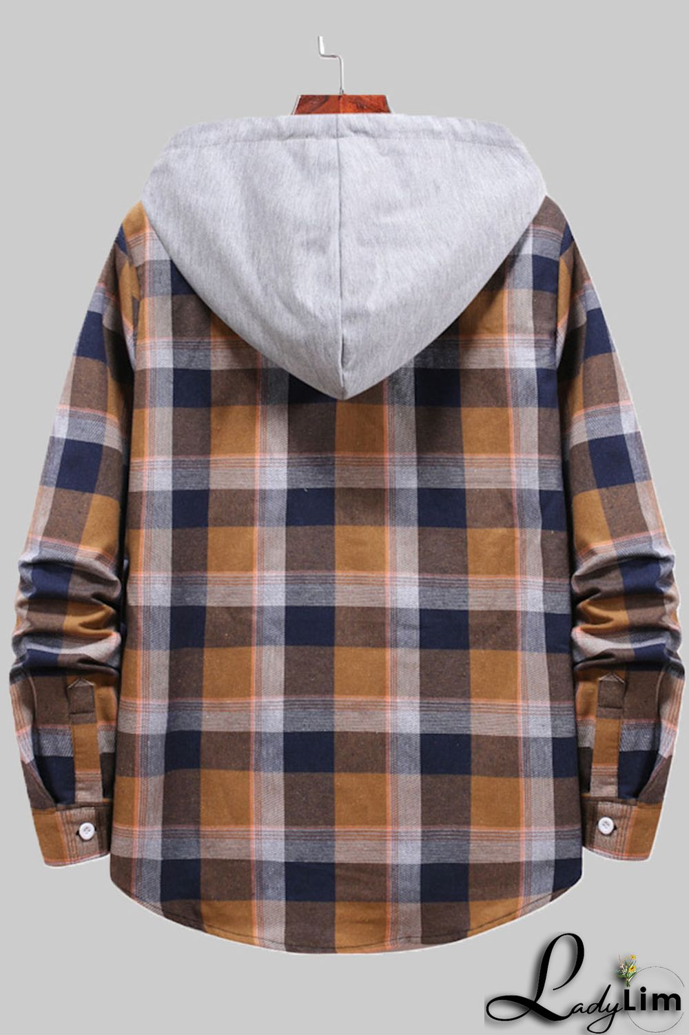Coffee Fashion Casual Plaid Split Joint Hooded Collar Outerwear