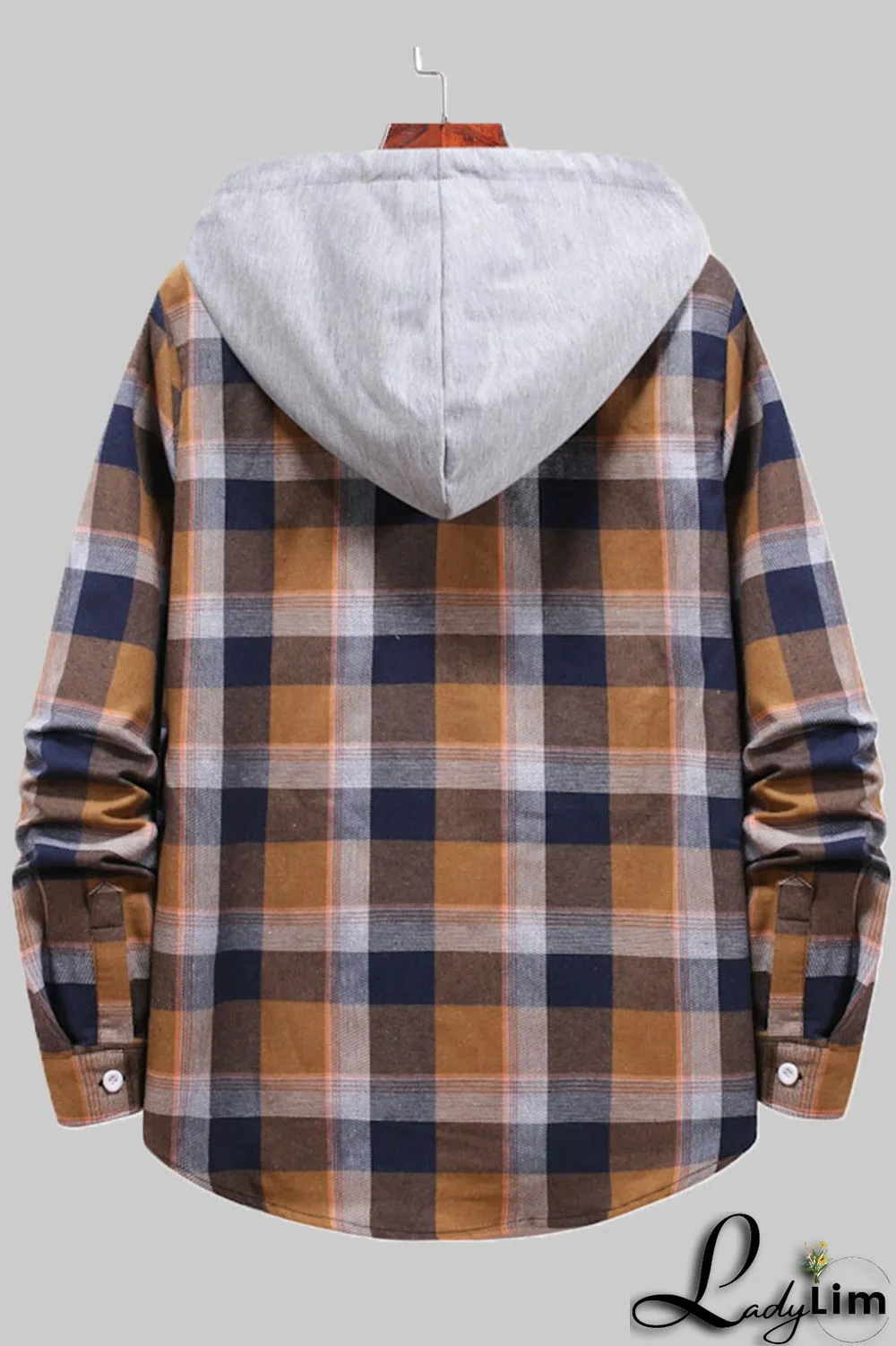 Coffee Fashion Casual Plaid Split Joint Hooded Collar Outerwear