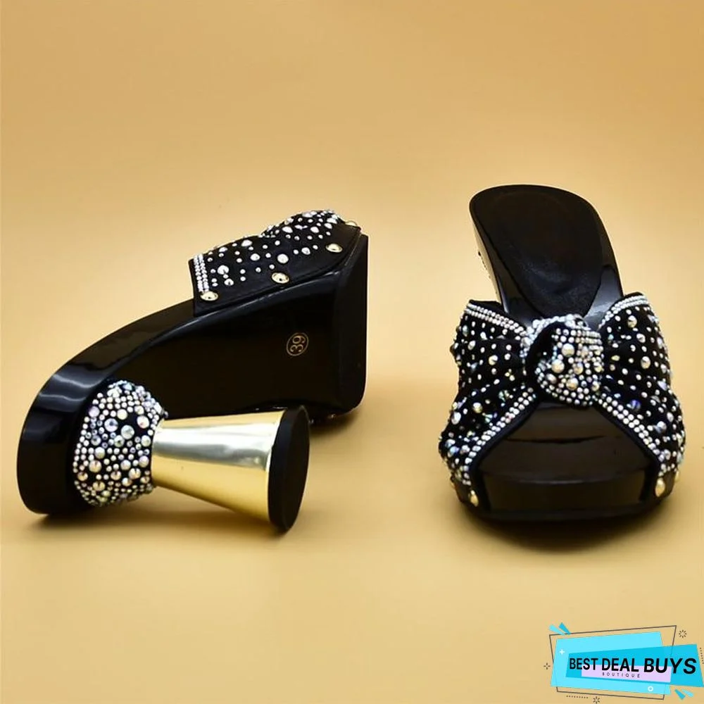 Women Rhinestone High Heeled Sandals Mules Slides