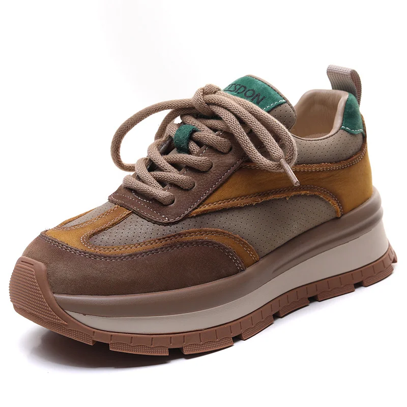 Yyvonne Layer Of Cowhede Thick-Bottomed Sports Casual Shoes Women's Spring New Leather Round Head Tie With Comfortable Single Shoes