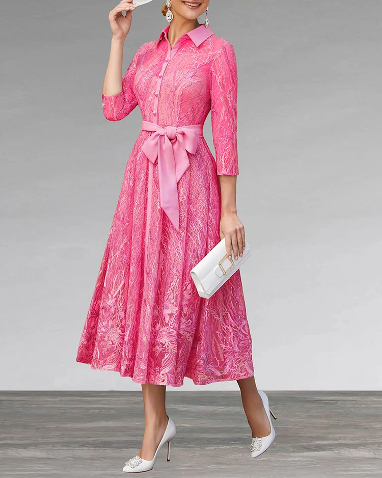 Elegant Midi Dress with Lace Bow
