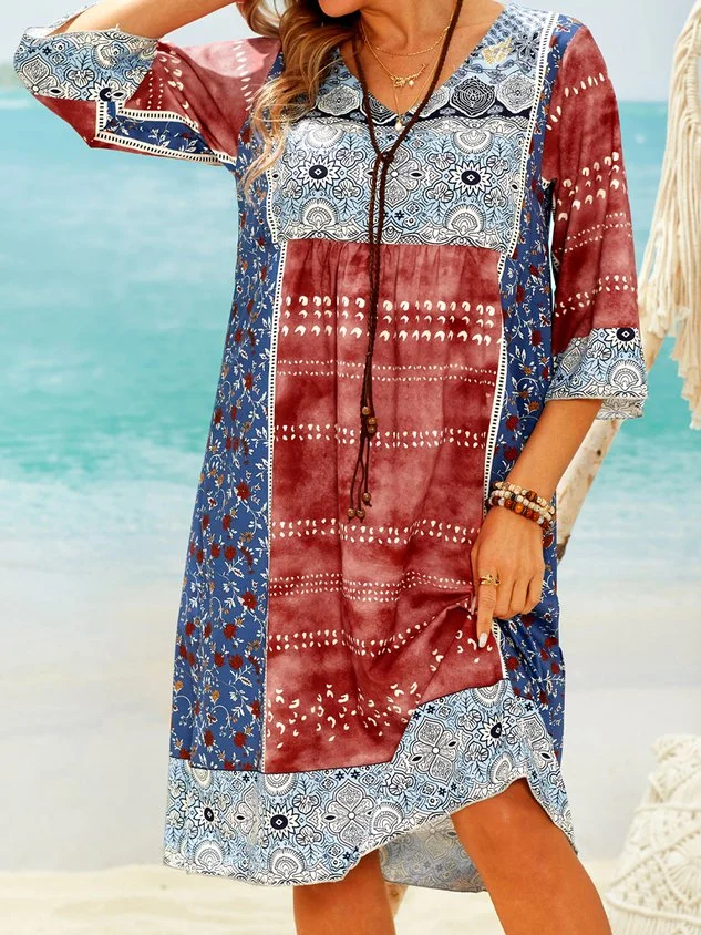 Plus Size Women Half Sleeve V-Neck Vintage Floral Casual Midi Dress