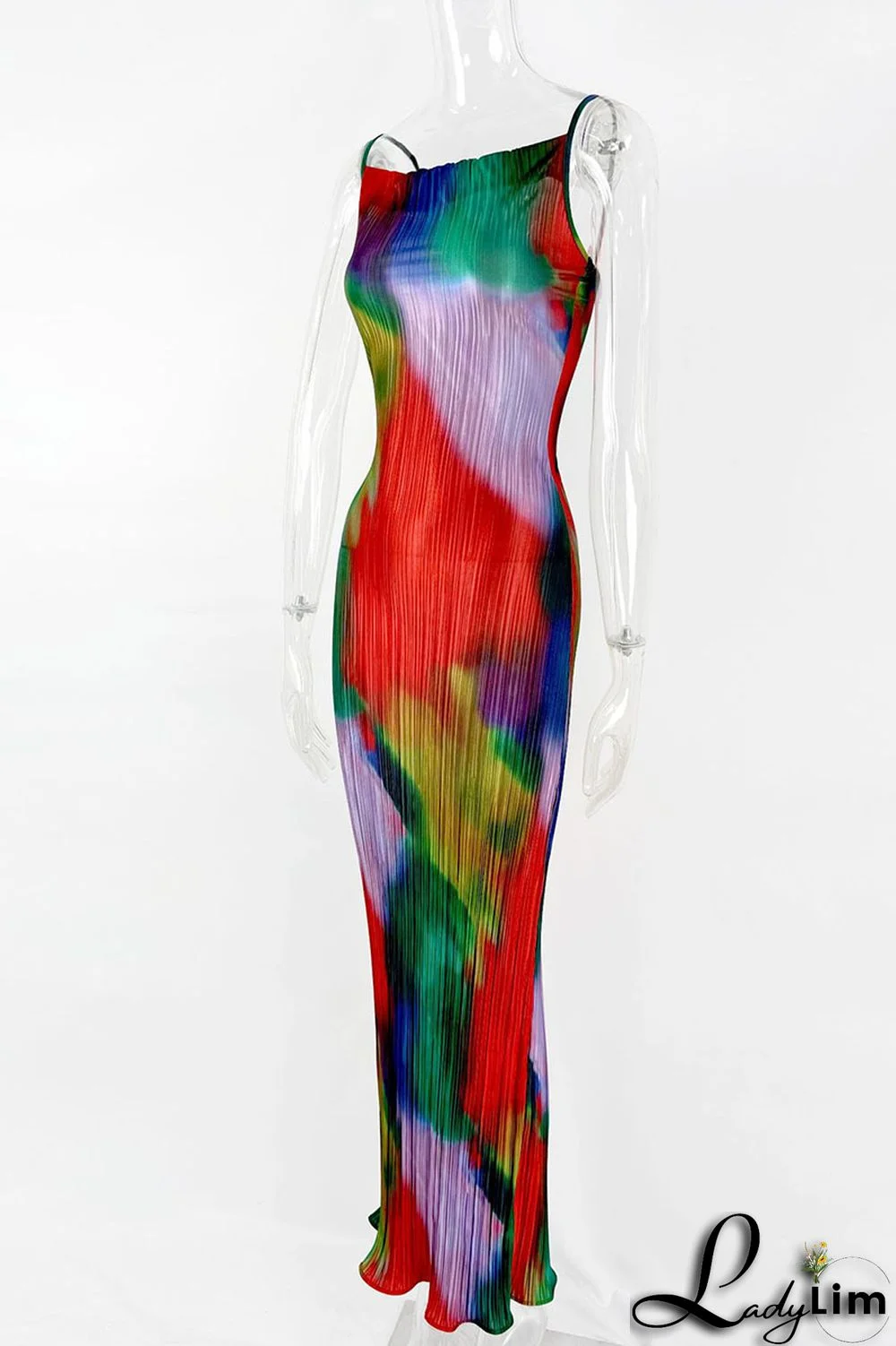 Apricot Red Sexy Print Patchwork Fold Spaghetti Strap Pencil Skirt Dresses