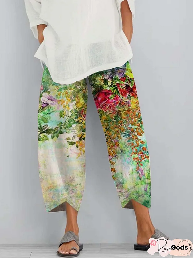 Floral Shift Printed Cotton-Blend Casual All Season Yellow Pants