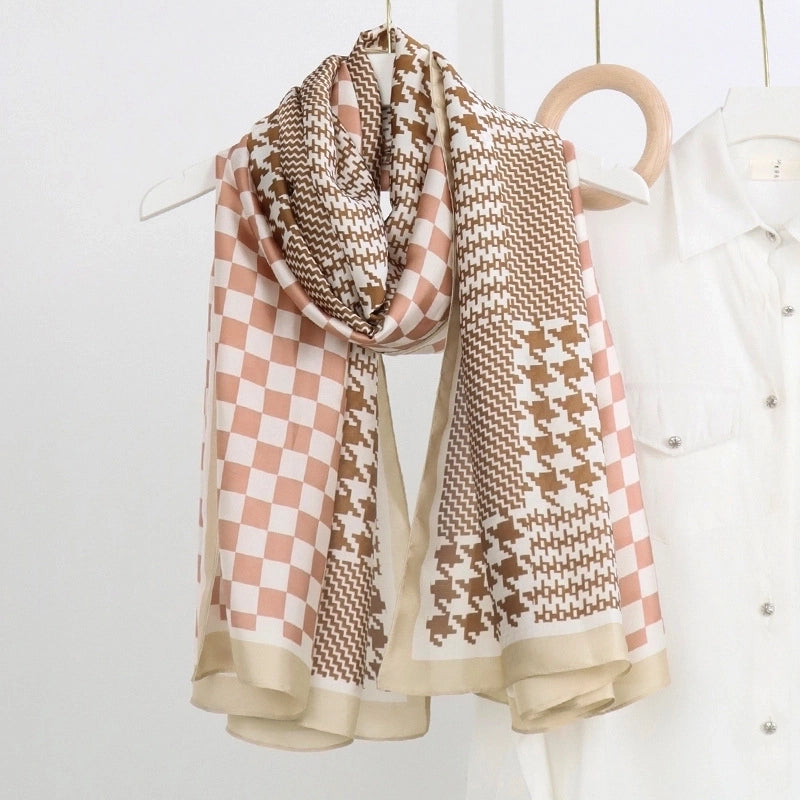 Women’s Fashion Letter Plaid Satin Printing Silk Scarves