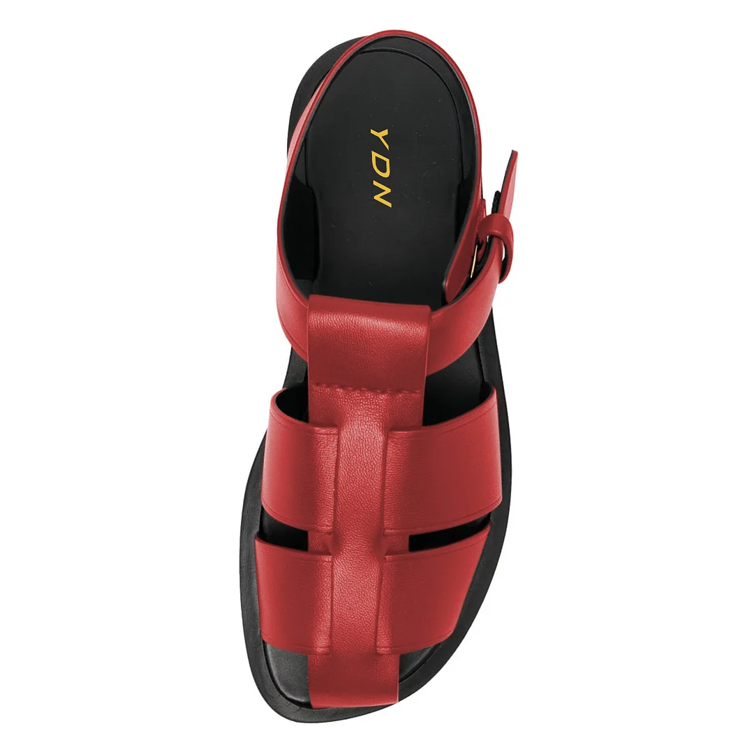 Red Vegan Leather Sophisticated Round Toe Cage Flat Comfy Sandals