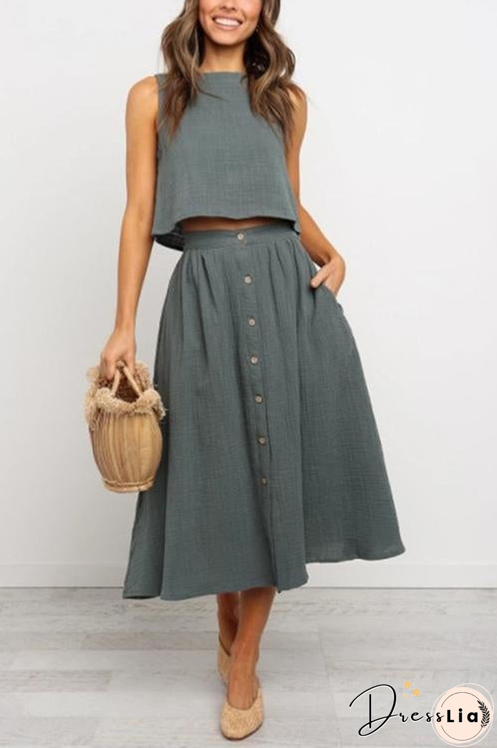 Button Decorate Vest Naxi Skirts Set