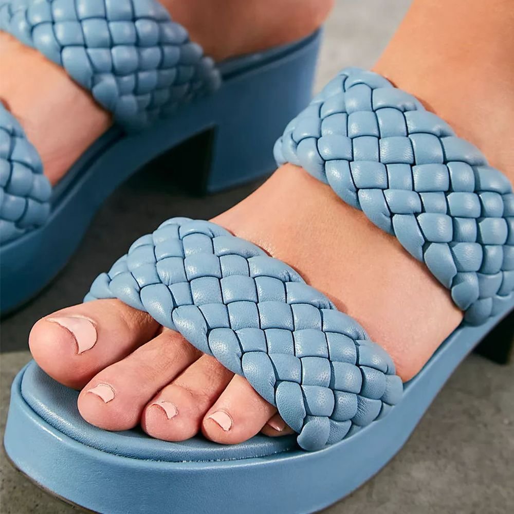 Blue Plaited Platform Slippers Lazy Slide Chunky Heel Sandals Nicepairs