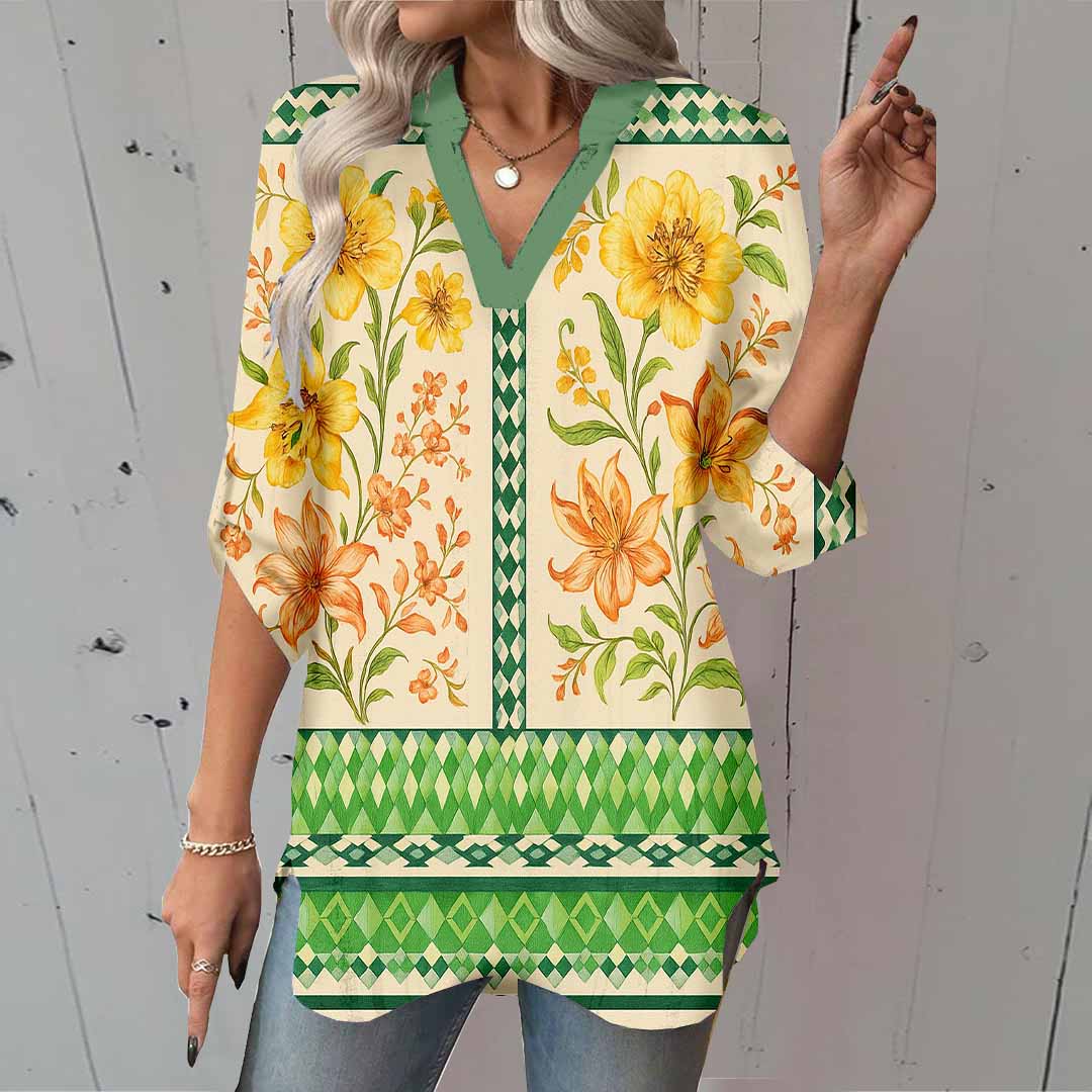 Women Tropical, Floral, Green DZGA0073 3/4 Sleeve V-neck Printed Graphic Button Tops