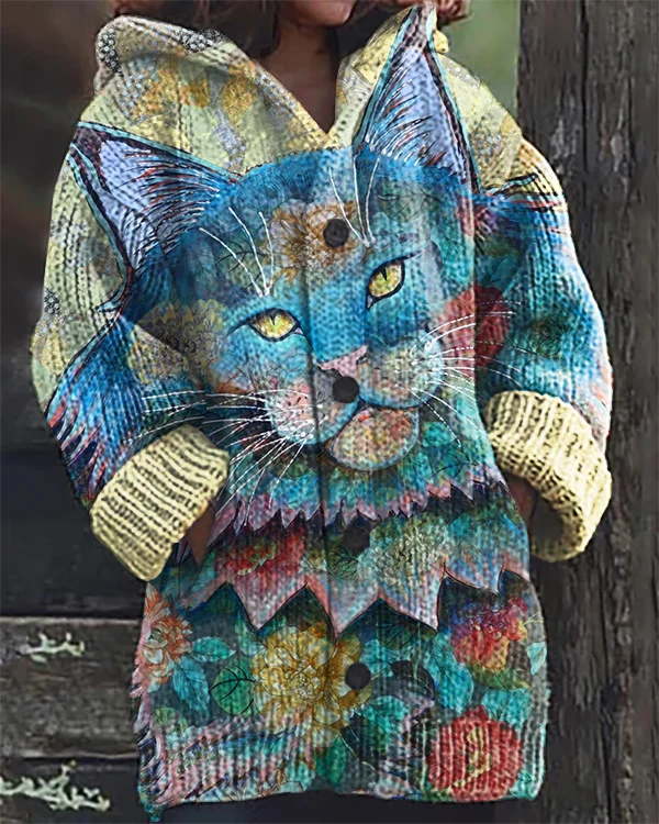 Vintage Cat Print Hooded Cardigan