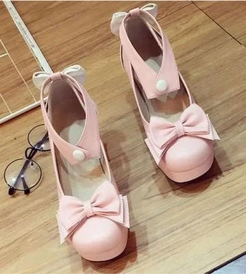 Beige/Black/Pink Lolita Bowknot Rough Heels Shoes SP179192