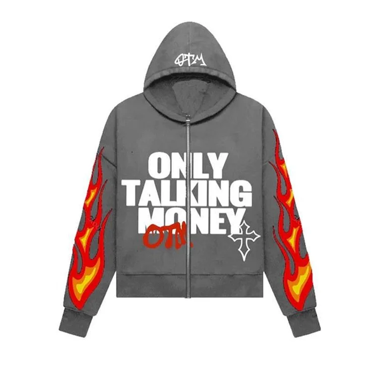 Street Flame Letters Puff Print Zipper Mask Hood Hoodie