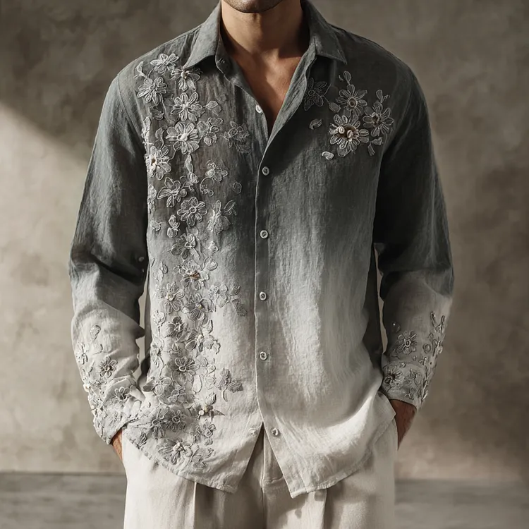 Men's Boho Floral Embroidered Gradient Linen Shirt