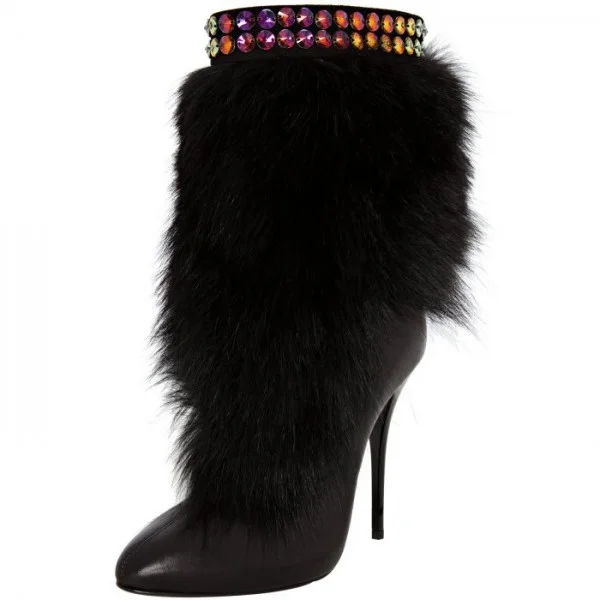 Black Fur Boots Round Toe Stiletto Heels Mid-calf Snow Boots Nicepairs