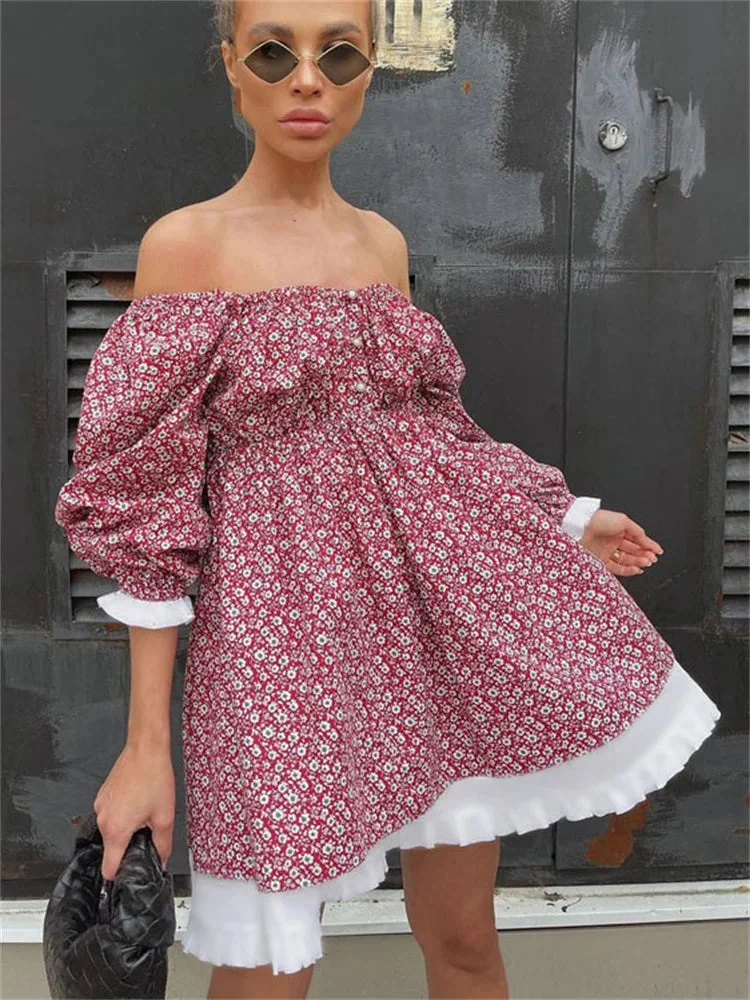 Huiketi Printed Off-Shoulder Ruffled Mini Dress For women Square Collar Fashion Casual Elegant Party Dress Evening Mini Dress 2024