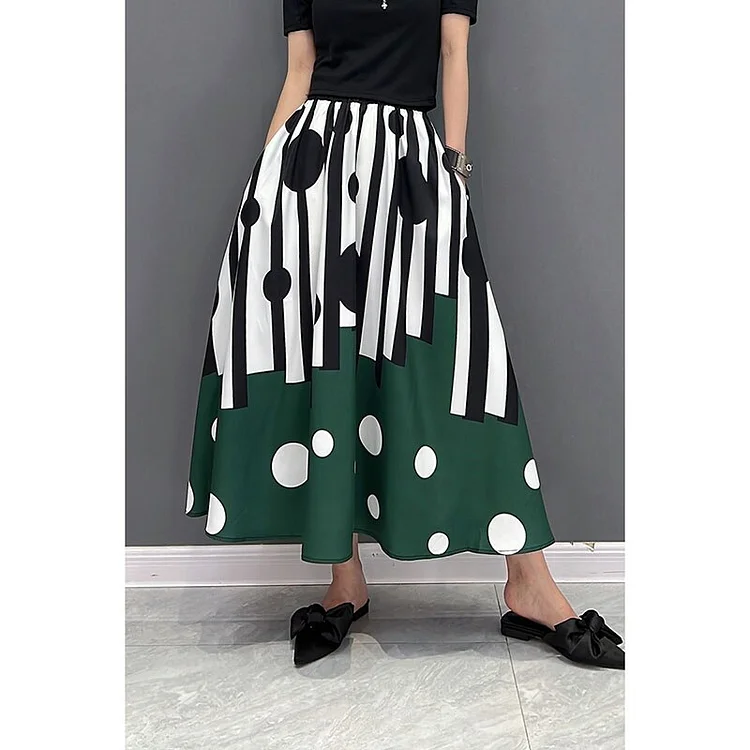 Fashion Art Printed Elastic Waist Pockets Skirt      