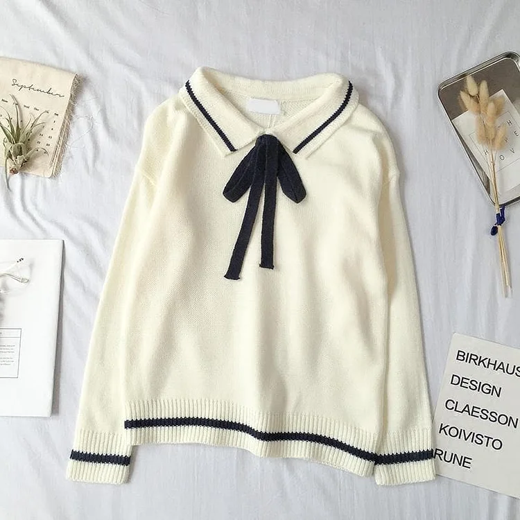 White/Navy Sweet Bow Knitting Sweater SP1711052