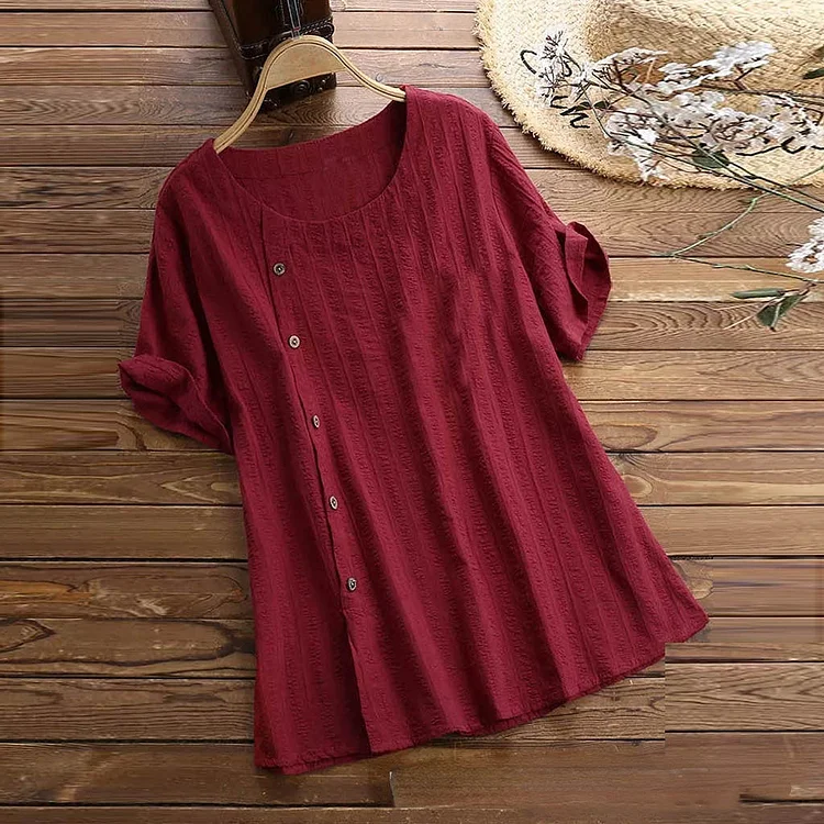 Casual cotton and linen solid color loose round neck short-sleeved T-shirt top socialshop
