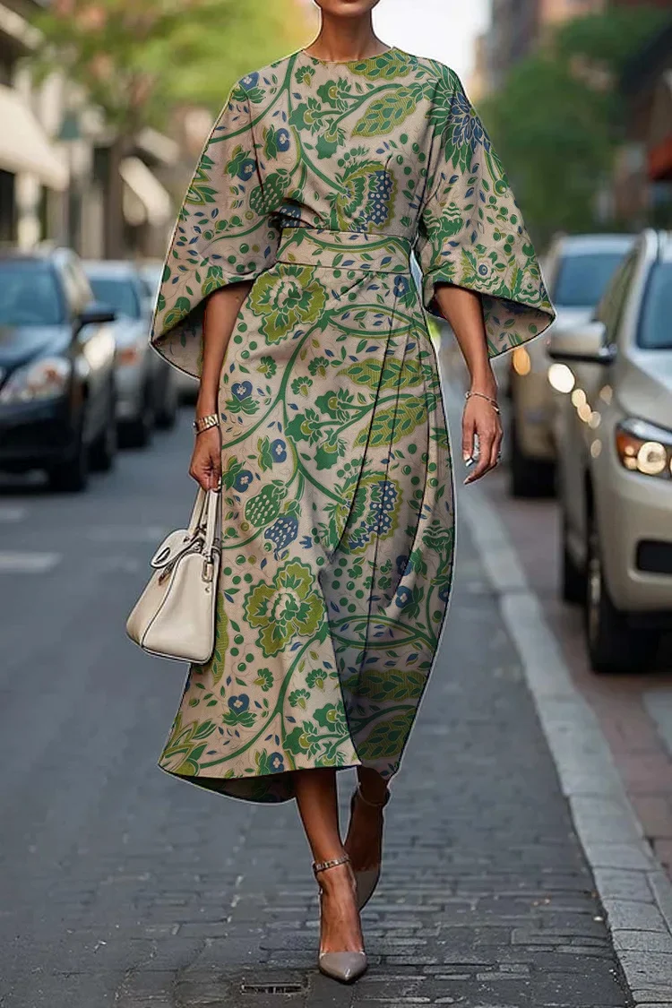 Women's Elegant Vintage Floral Print Midi Dress