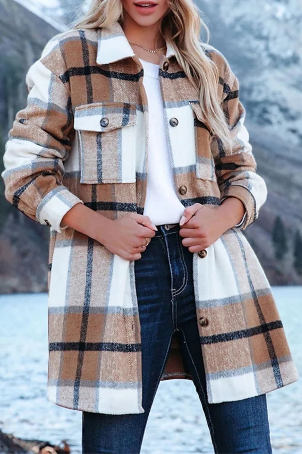 Women's Casual Plaid Jacket Button Pocket Single Breasted Turndown for Fall Winter 