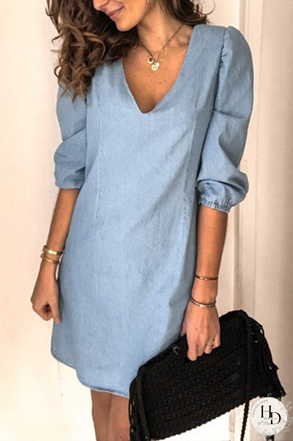 Denim Lantern Sleeve V-Neck Straight Dress