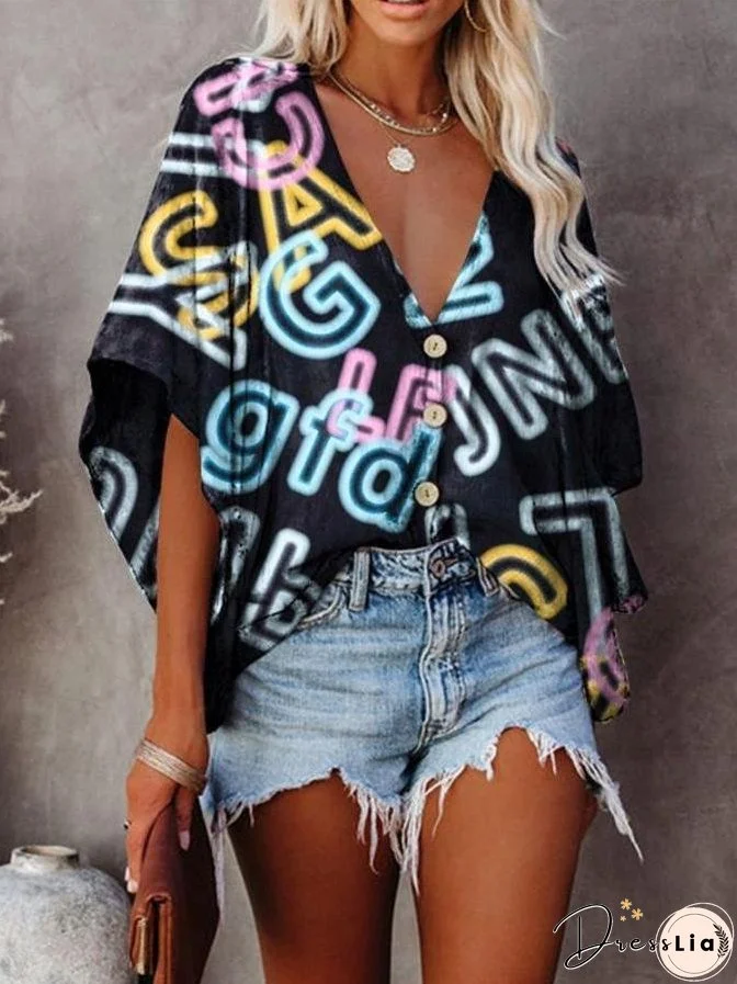 V-neck Bat Sleeve Digital Print Blouse