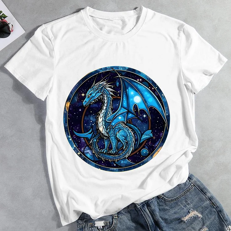 Stained Glass Dragon Round Neck T-shirt
