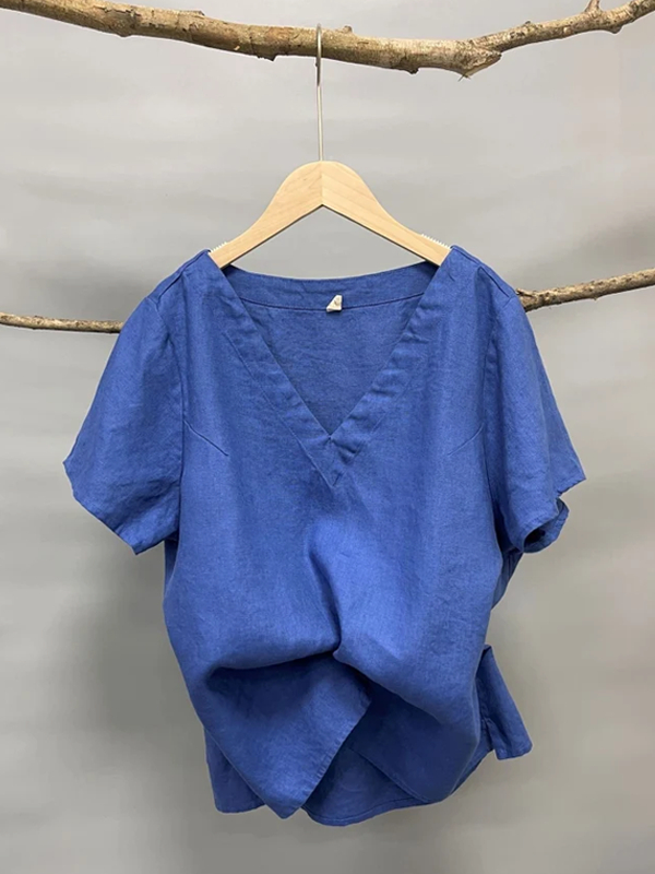 V-neck Elegant Ladies Cotton and Linen Short Sleeves tjj Shicloths