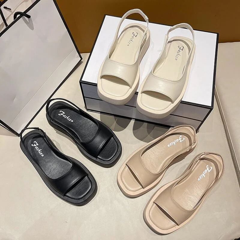 Breakj Women's Sandals 2022 Summer New Fashion Shoes Elegant Flat Sandals Women Genuine Leather Simple Platform Roman Sandals for Women