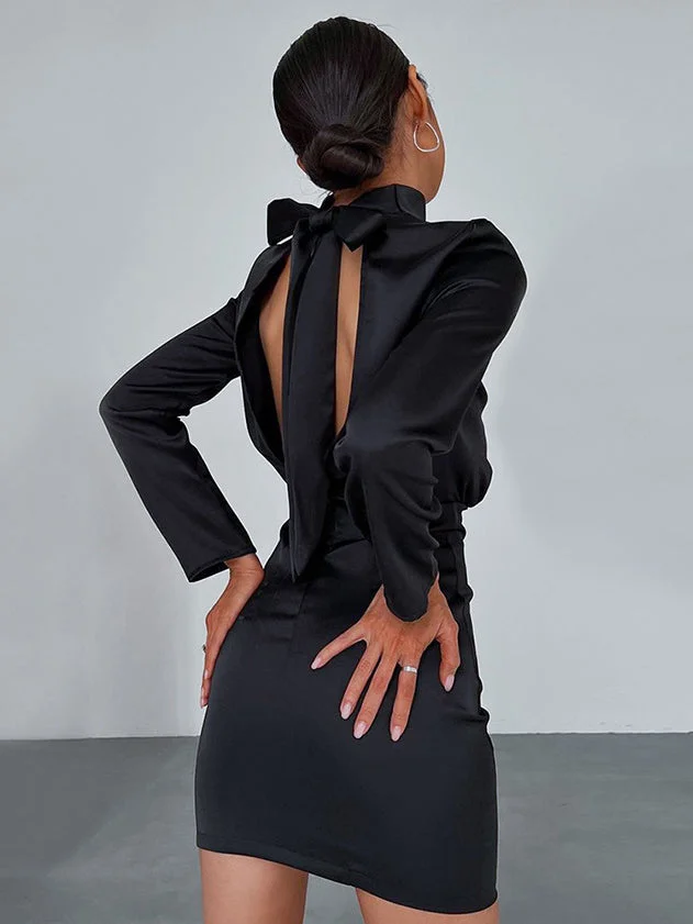 Satin Mock Neck Tie Back Short Dress QueenFunky