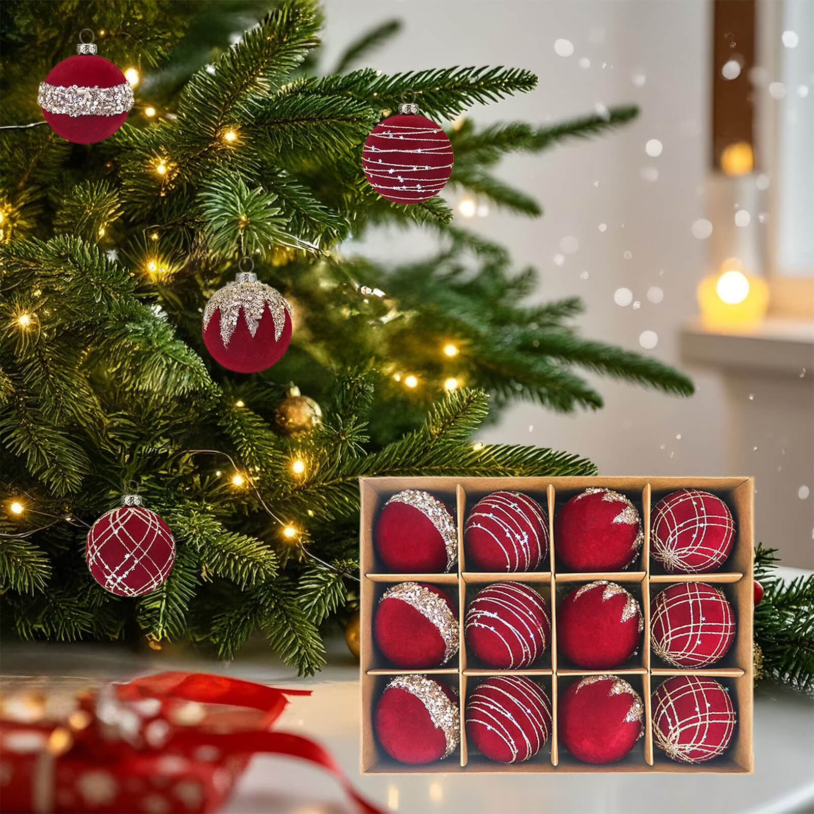 Christmas Flocked Decoration Balls (12 PCS)