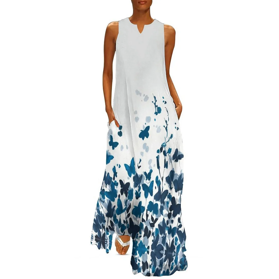 Style & Comfort for Mature Women Plus Size Printed Sleeveless Casual Women Maxi Dress with Pockets in Pattern Butterflies, Floral, Blue, Watercolor