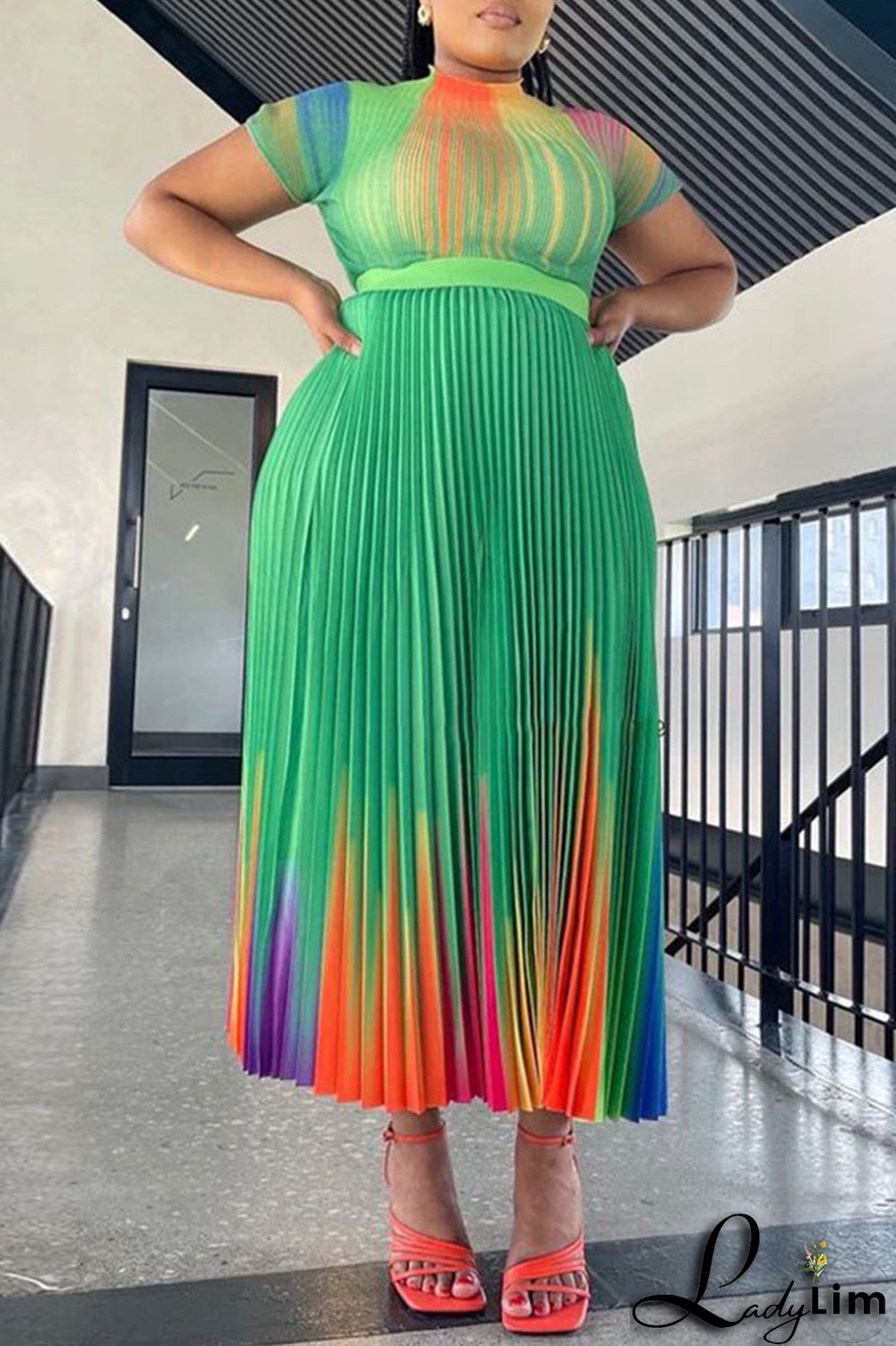 Apricot Casual Elegant Gradual Change Print Patchwork Fold O Neck Short Sleeve Two Pieces