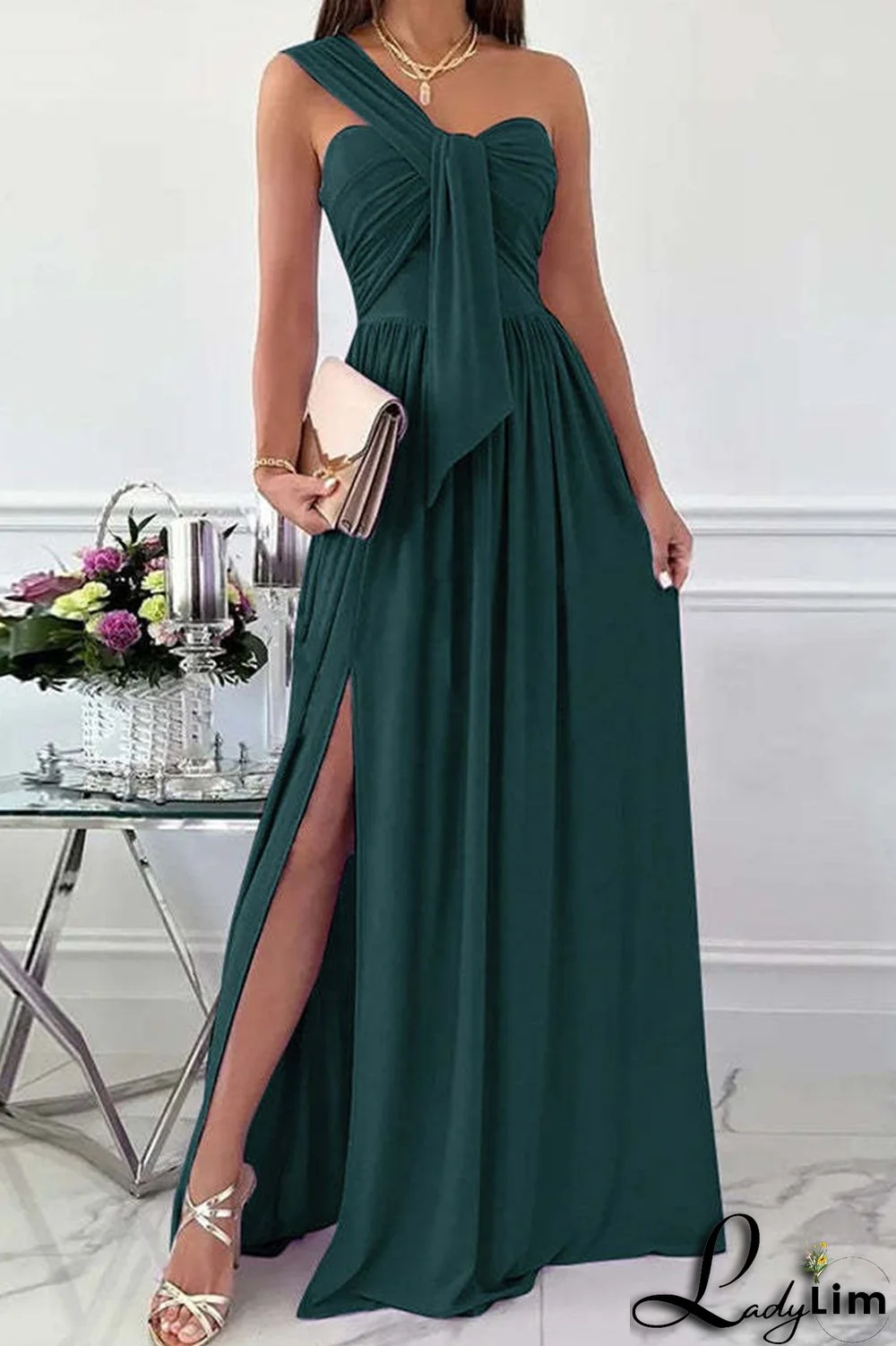 Green Fashion Sexy Solid Patchwork Backless Slit One Shoulder Evening Dress Dresses