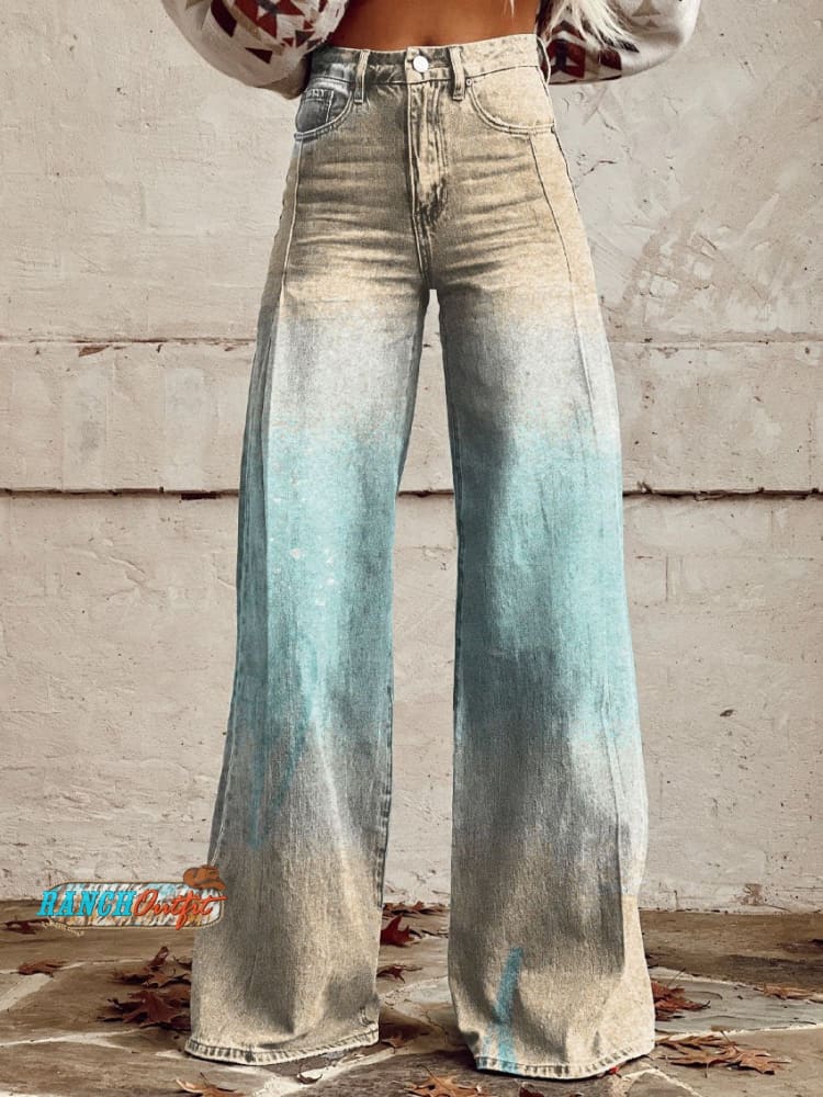 Women’s Blue And Yellow Gradient Print Casual Wide Leg Pants Multicolor / S