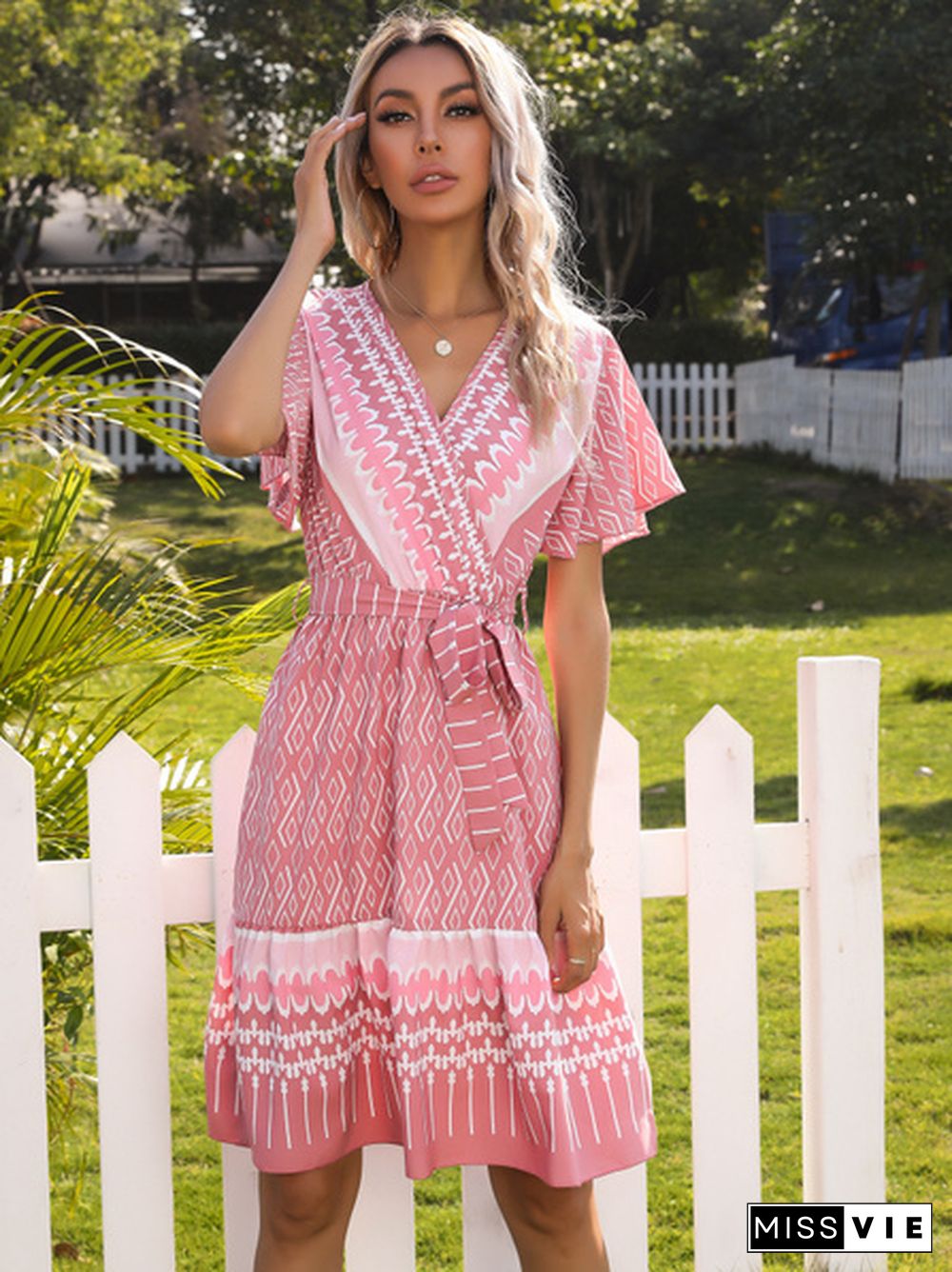 Tribal Print Flutter Sleeve Tie Side Warp Dress