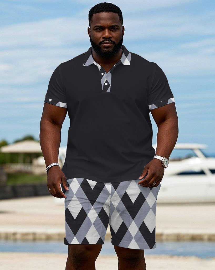 Men's Plus Size Royal Blue Diamond Pattern Signature Collar Short Sleeve Polo Shirt Shorts Suit
