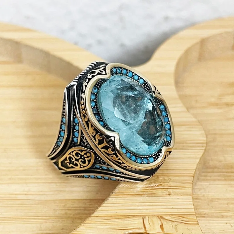 Vintage Metal Craftsman Engraved Signet Ring Inlaid Sea Blue Zircon Men's Business Punk Biker Ring