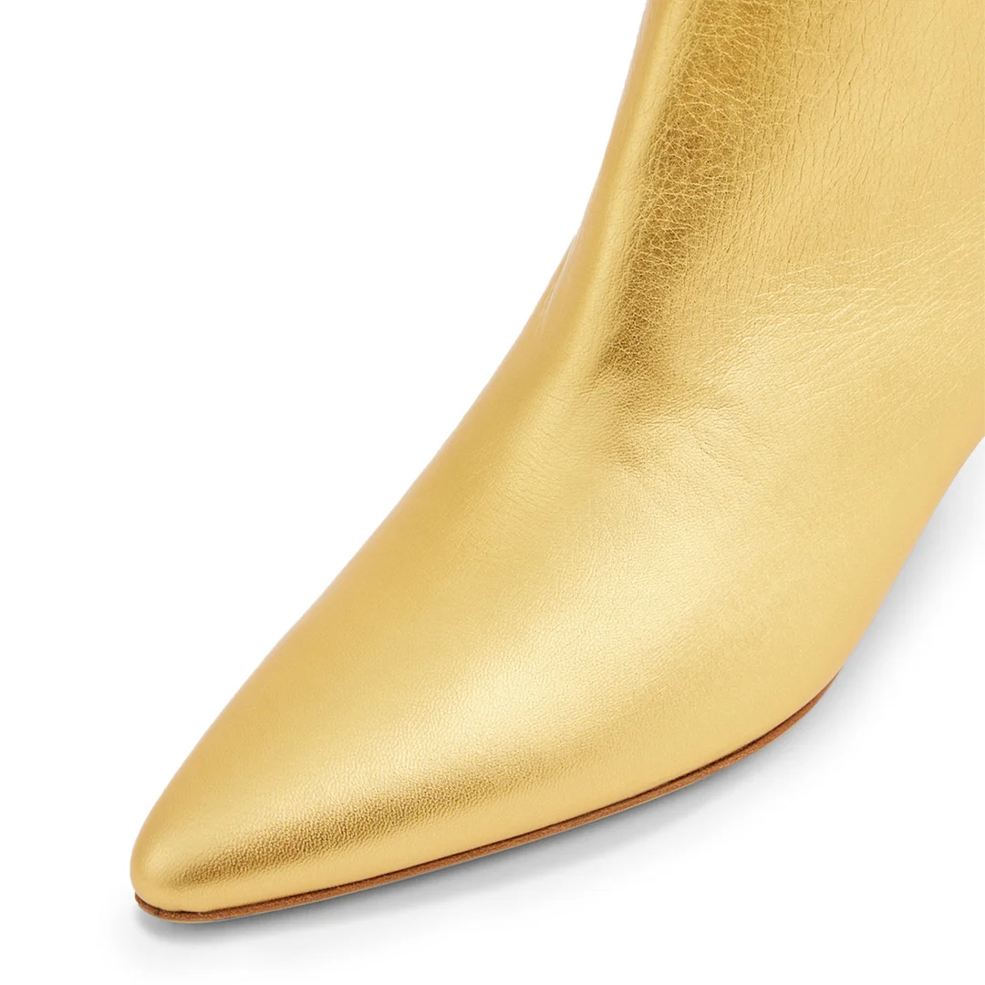 Vegan Leather Pointed Toe Back-Zip Kitten Heel Gold Ankle Boots