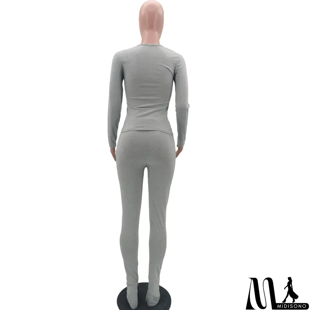 MidiSono - Autumn Solid Plain V-Neck Shirt and Matching Pants Set