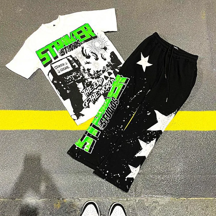 Retro Street Graffiti T-Shirt & Flared Trousers Two Piece Set