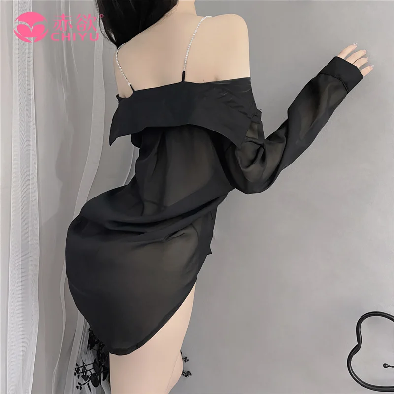 Uveng Sexy Chiffon Sling Dress Boyfriend Wind White Shirt Open Shoulder Pajamas Perspective Uniform Seduction Suit