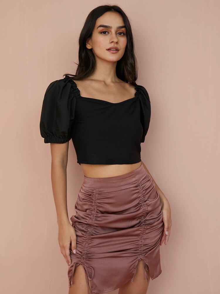 Solid Puff Sleeve Square Collar Crop Top For Women - BlackFridayBuys