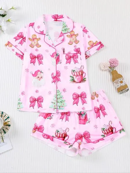 【christmas】Women's Christmas Pajama Set, Santa Cookie Print, Short Sleeve Button-up Top & Elastic Shorts, Casual All-season Sleepwear, Christmas Pyjamas, Loungewear