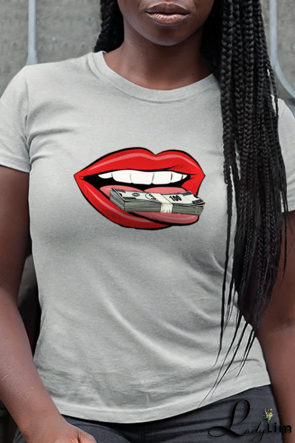 Grey Fashion Street Lips Printed Split Joint O Neck T-Shirts