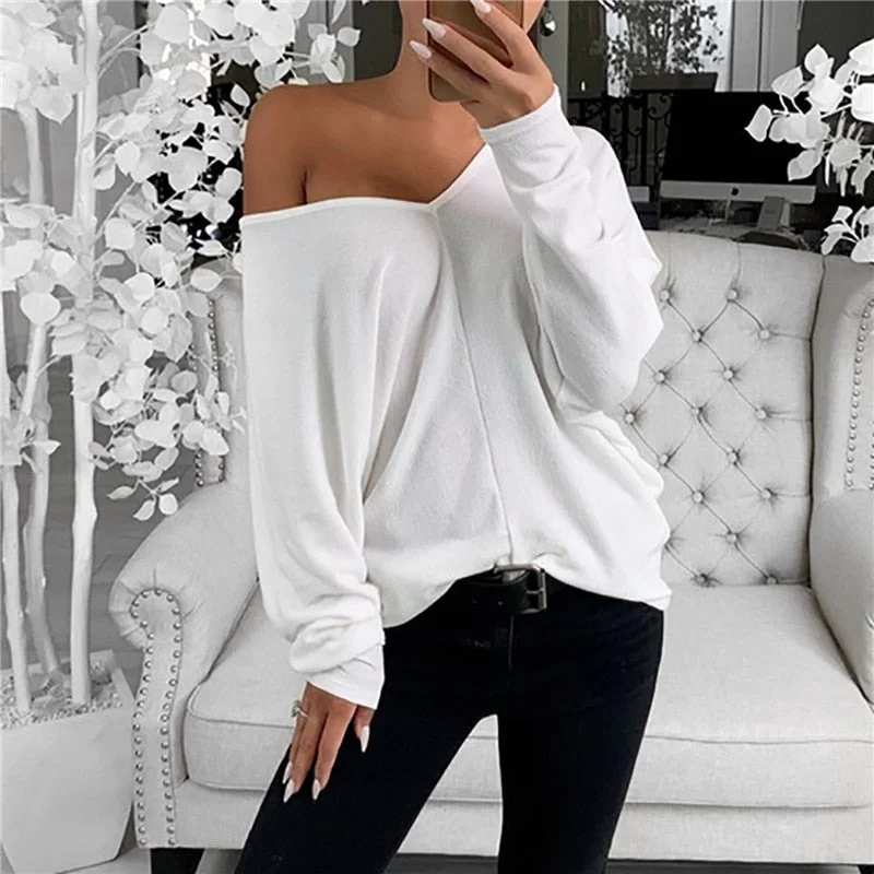 2020 Newest Hot Fashion Women`s Sexy Off Shoulder Long Sleeve T-Shirt Casual Ladies Loose Solid Daily Wear