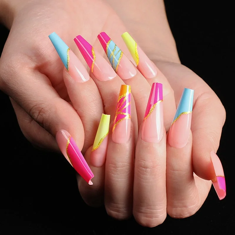 24pcs/box fake nails with glue designed colourful Gold thread rainbow paragraph press on nails coffin girls nail tips stick-on
